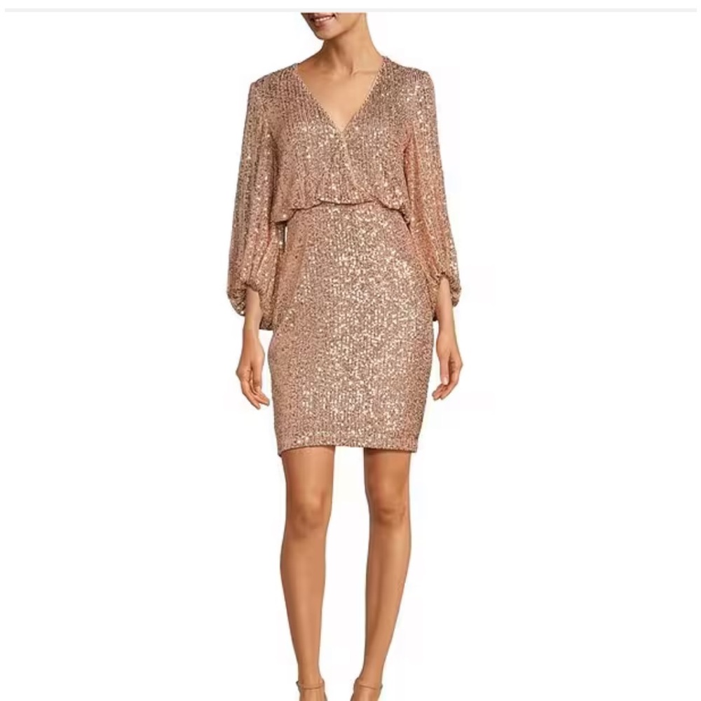 Eliza J  Allover Sequin Surplice V-Neck 3/4 Sleeve Blouson Dress